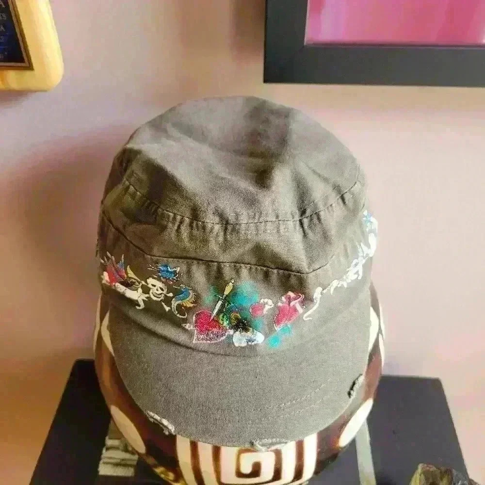 Women Military Cap Light Brown Monkey Butterfly Flowers Hart Seahorses Skulls - Picture 2 of 9